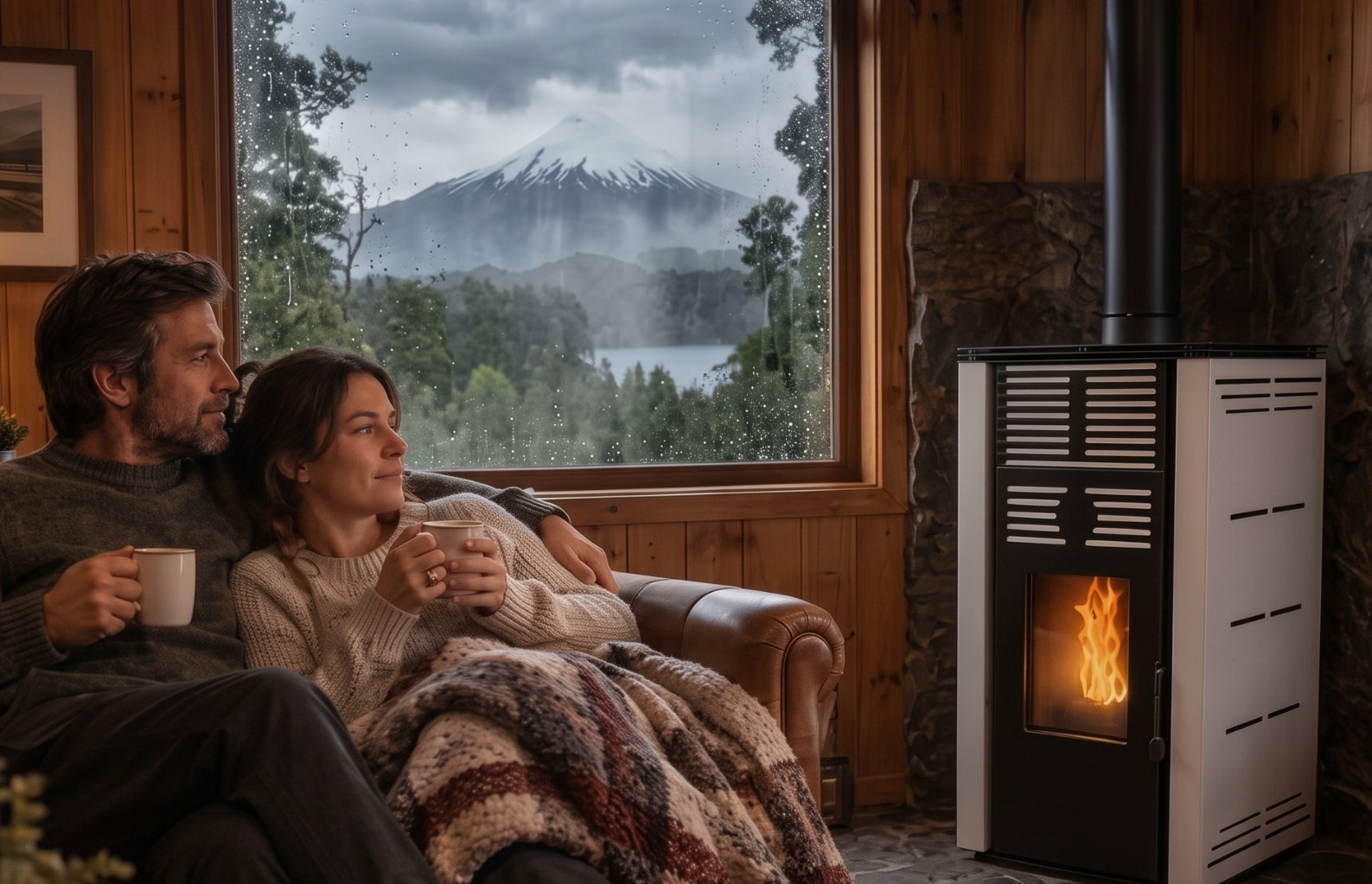 Pareja junto a una estufa a pellet con vista al volcán